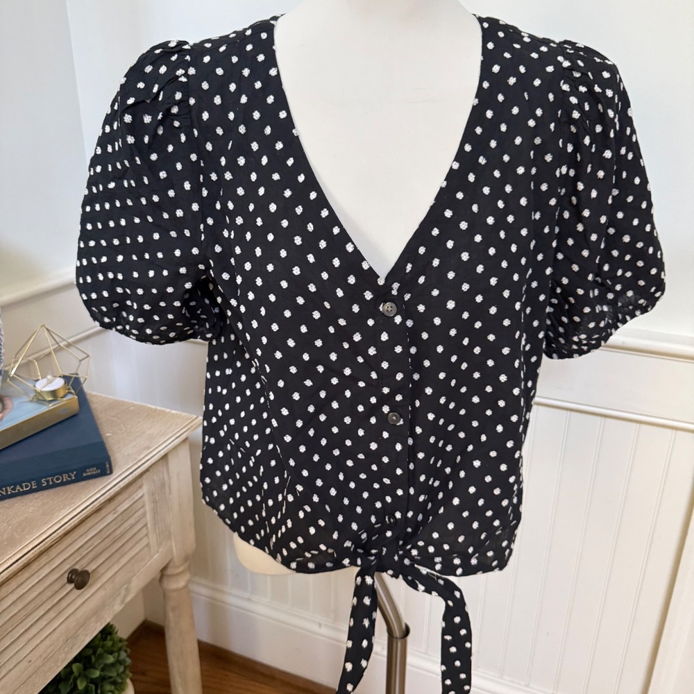 Black Polka Dot Tie-Front V-Neck Top
